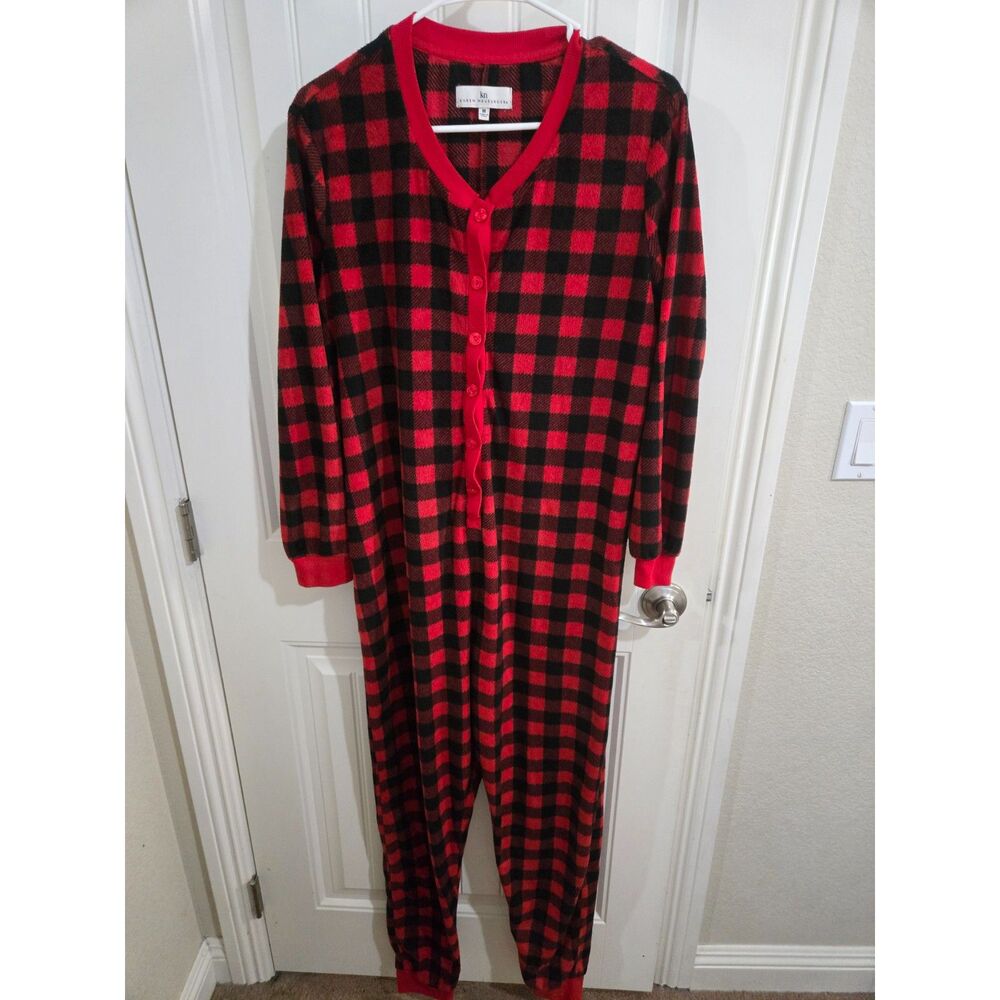 Karen Neuburger Women’s Medium Red Black Buffalo Plaid Fleece One Piece Pajamas